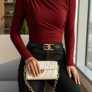 Kadın Bordo Belden Ve Boyundan Büzgü Detaylı Uzun Kollu Bluz