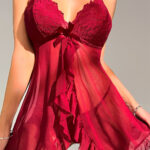 Kadın Bordo Dantelli, Fırfırlı Tül Ve Fiyonk Detaylı Tangalı Gecelik Takımı