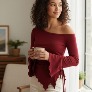 Kadın Bordo Uzun İspanyol Kollu Asimetirik Yaka Yandan Bağlamalı Drapeli Bluz