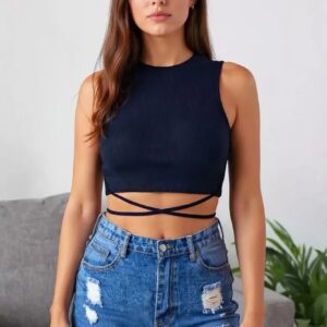 Kadın Lacivert Çapraz Bağlamalı Crop Top Büstiyer – Modern Ve Şık Tasarım