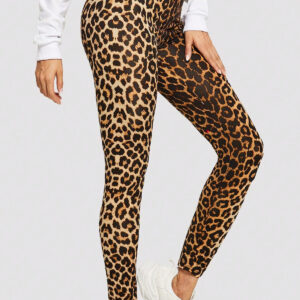 Kadın Leopar Desenli Yüksek Bel Dar Kesim Esnek Tayt – Modern Ve Şık Tasarım