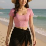 Kadın Pembe Yarım Kol Crop ve Siyah Pareo 2'li Set – Modern ve Şık Tasarım