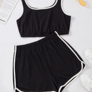 Kadın Siyah Askılı Crop Top Ve Şortlu Gecelik Takım