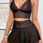 Kadın Siyah Dantel Ve Tül Detaylı Etekli Şık Gecelik Takımı – Modern, Konforlu