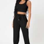 Kadın Siyah Kaşkorse Cepli Jogger Eşofman Altı Ve Crop Top Bluz