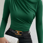 Kadın Yeşil Belden Ve Boyundan Büzgü Detaylı Uzun Kollu Bluz