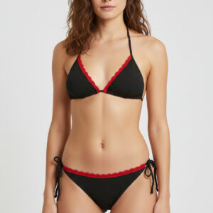 Kırmızı Dantel Detaylı Siyah Bikini Takımı – Ayarlanabilir İpli, İçten Şardonlu, Kadın Mayo